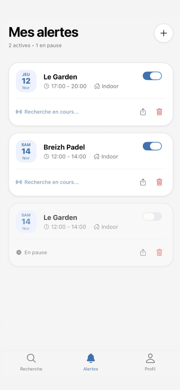 Liste des alertes padel